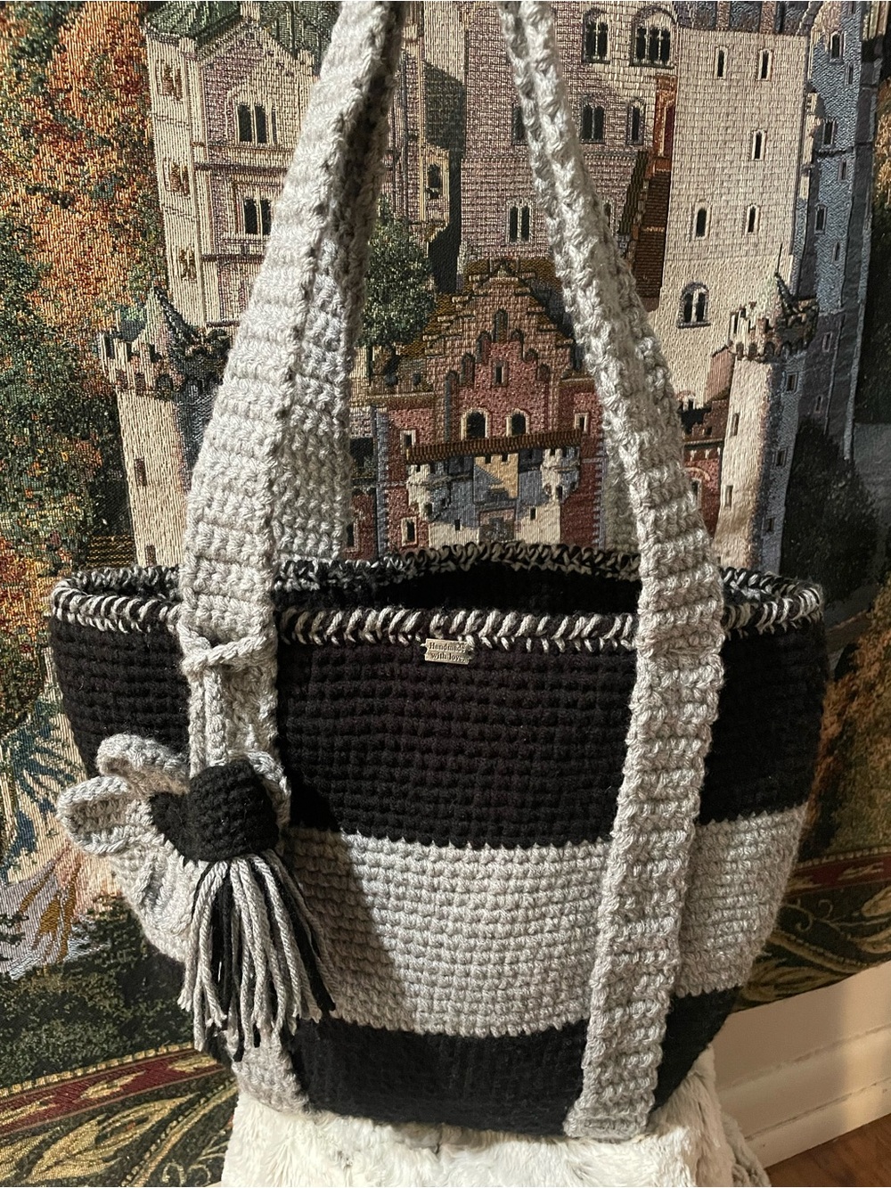 Handmade Two-Tone Black and Grey Crochet Tote Bag